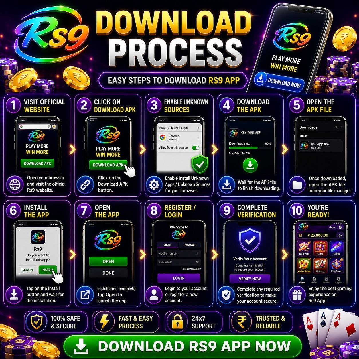 RS9 APK download screen featuring RS9 App, RS9 Cricket, RS9 IPL, RS9 Fantasy Sport, RS9 11, RS9 Game, RS9 Download with cricket stadium, trophy, smartphone, and premium gaming interface.